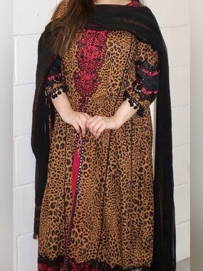 Leopard Print Women's Dress with Red Embroidery
